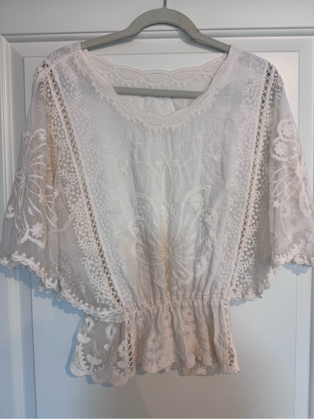 Women's Embroidered Cream Lace Peplum Top